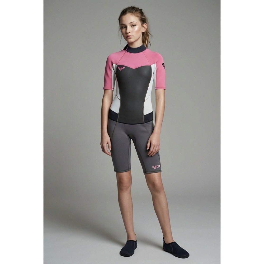 NWT Roxy Syncro Girls Size 6 Pink Grey Shorty Wetsuit 2/2mm ARJW503001‎